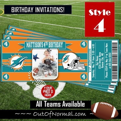 Miami Dolphins NFL Football Birthday Invitation Ticket Style