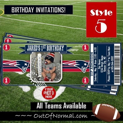 New England Patriots NFL Football Birthday Invitation Ticket Style