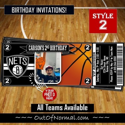 Brooklyn Nets Photo NBA Basketball Birthday Invitation Ticket Style