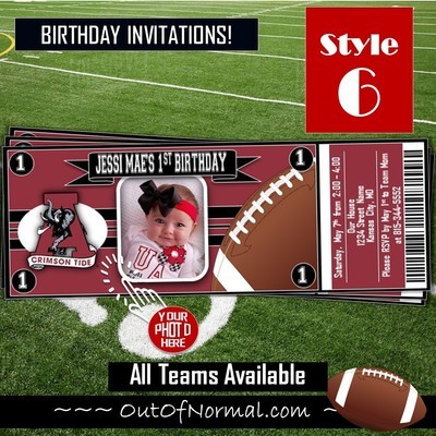 Alabama Crimson Tide RollTide NCAA College Football Birthday Invitation Ticket Style