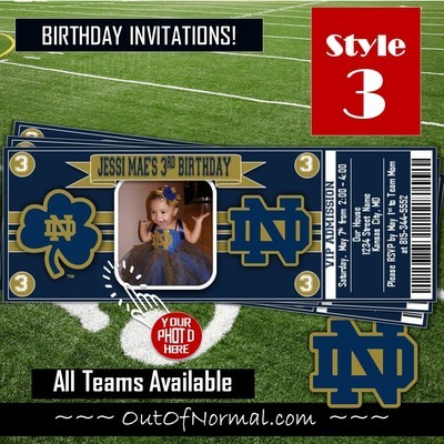 Notre Dame Fighting Irish NCAA College Football Birthday Invitation Ticket Style