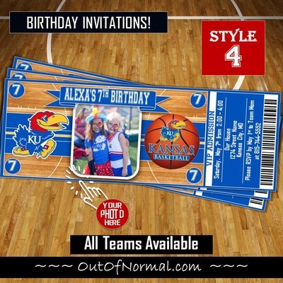 Kansas Jayhawks NCAA College Basketball Birthday Invitation Ticket Style