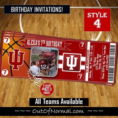 Indiana Hoosiers NCAA College Basketball Birthday Invitation Ticket Style