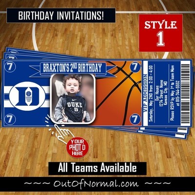Duke Blue Devils NCAA College Basketball Birthday Invitation Ticket Style