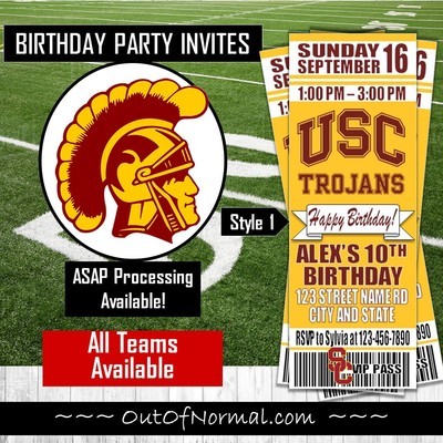 USC Southern California Trojans College NCAA Birthday Invitation Ticket Style
