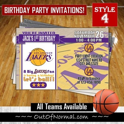 Los Angeles LA Lakers NBA Basketball Birthday Invitation 4"x6"