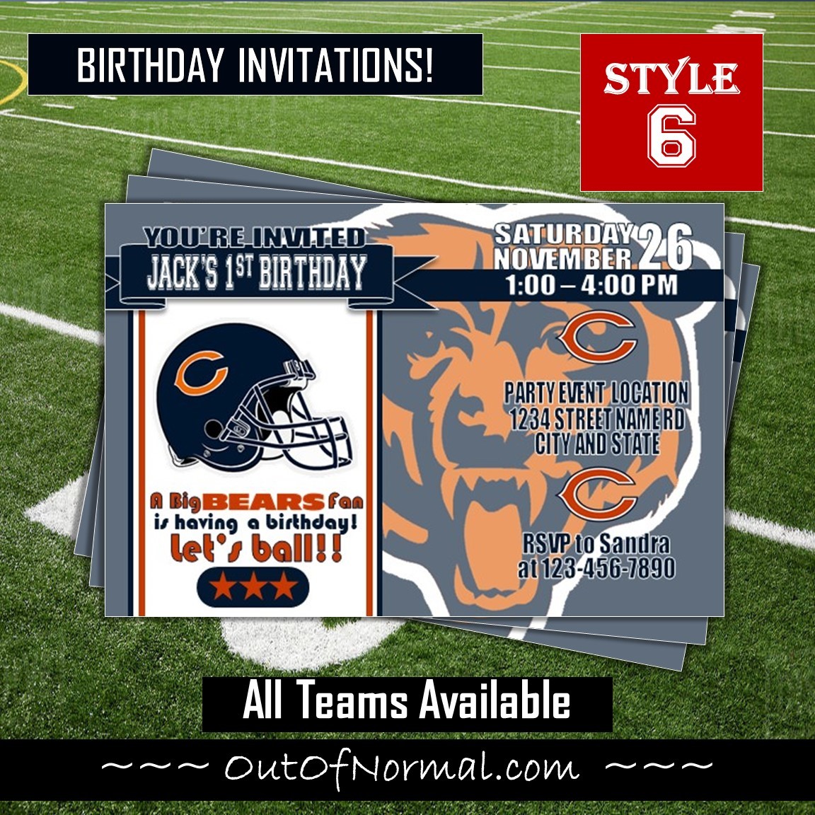 Chicago Bears NFL Football Birthday Invitation Ticket Style