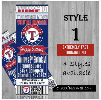 Texas Rangers MLB Baseball Birthday Invitation Ticket Style