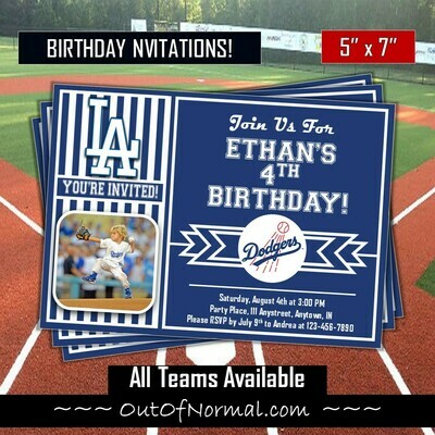 Los Angeles LA Dodgers Photo MLB Baseball Birthday Invitation 5"x7"