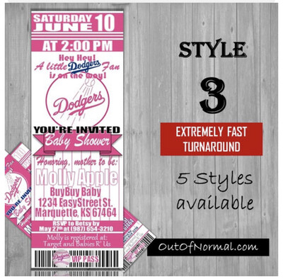 Los Angeles Dodgers LA PINK Baseball Baby Shower Invitation Ticket Style