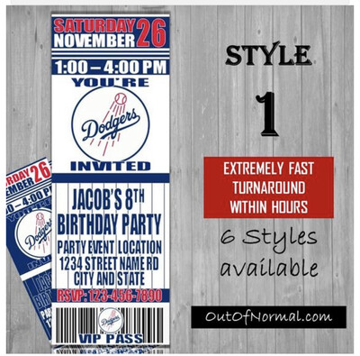 Los Angeles LA Dodgers 2019 Birthday Invitation Ticket Style