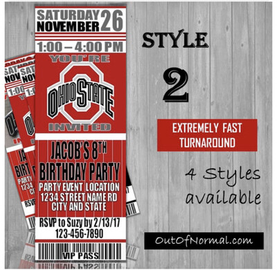 Ohio State Buckeyes Personalized and custom Birthday Invitation College Football Ticket Style