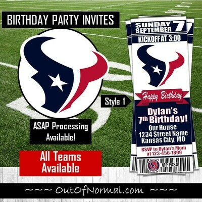 Houston Texans NFL Footballl Birthday Invitation Ticket Style
