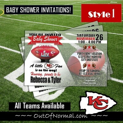 Kansas City Chiefs KC NFL Football Baby Shower Invitation 4"x6"