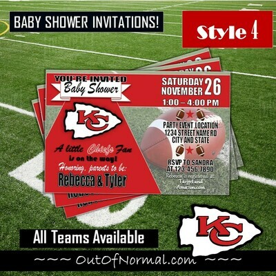 Kansas City Chiefs KC NFL Football Baby Shower Invitation 4"x6"