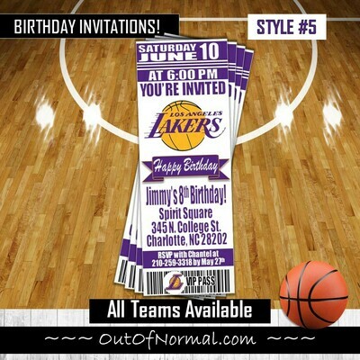 Los Angeles Lakers LAL Basketball Ticket Style Birthday Invitation