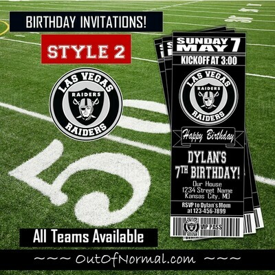 Las Vegas Raiders NFL Football Birthday Invitation Ticket Style Oakland