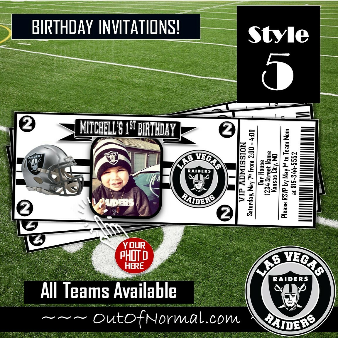 Las Vegas Raiders NFL Football Birthday Invitation Ticket Style OAKLAND