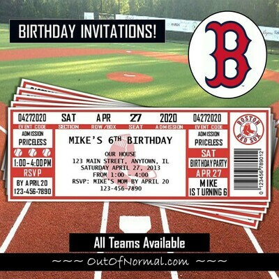 Boston Red Sox Fenway Photo MLB Baseball Birthday Invitation Ticket Style