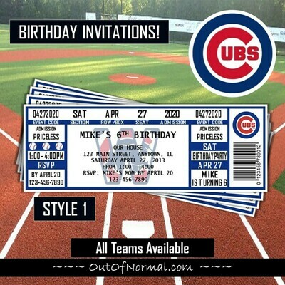 Chicago Cubs Photo Children's MLB Baseball Birthday Invitation Ticket Style