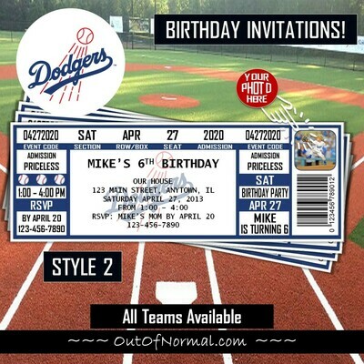 Los Angeles Dodgers LAD Photo MLB Baseball Birthday Invitation Ticket Style