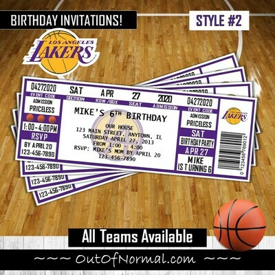 Los Angeles Lakers LAL Photo NBA Basketball Birthday Invitation Ticket Style