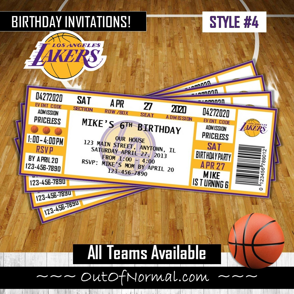 Los Angeles Lakers LAL Photo NBA Basketball Birthday Invitation Ticket Style