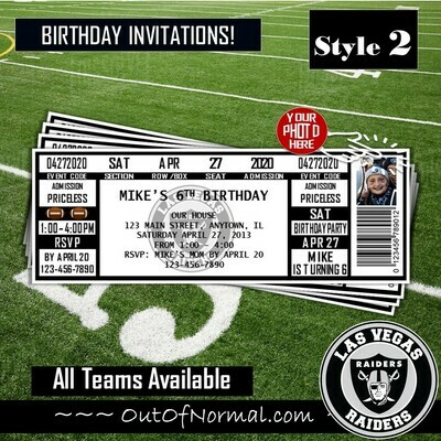 Las Vegas Raiders Vintage NFL Football Birthday Invitation Ticket Style OAKLAND