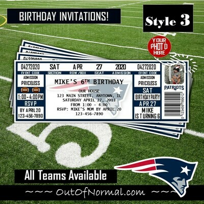 New England Patriots Vintage NFL Football Birthday Invitation Ticket Style