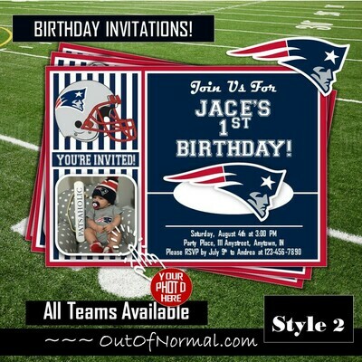 New England Patriots Photo NFL Football Birthday Invitation 5"x7"