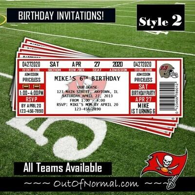 Tampa Bay Buccaneers Vintage NFL Football Birthday Invitation Ticket Style