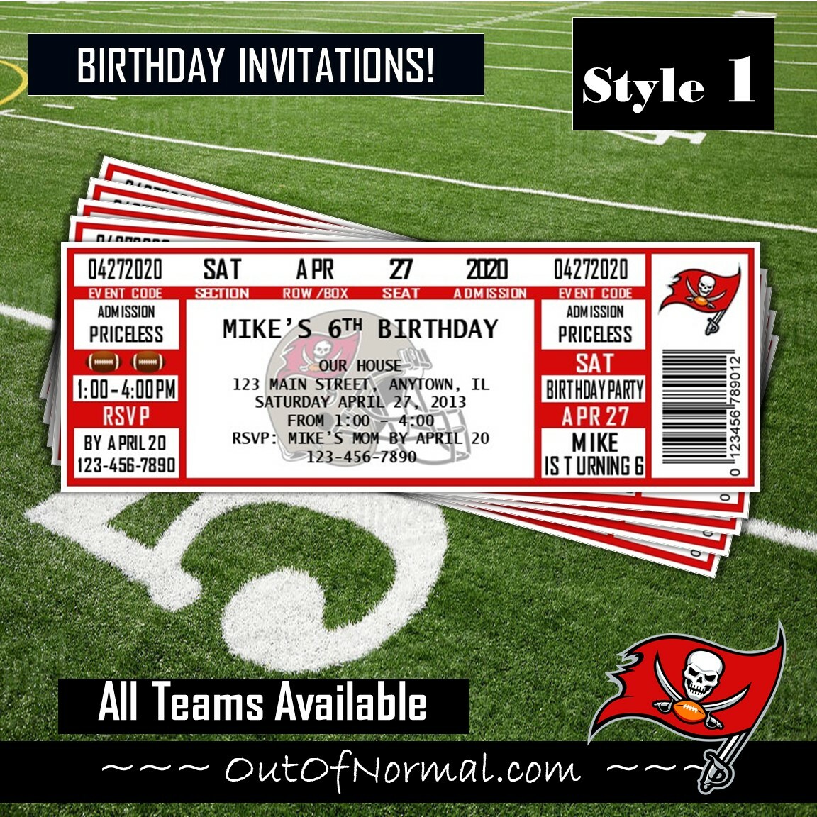 Tampa Bay Buccaneers Sports Party Invitations – 2.5×6″ – Sports Invites