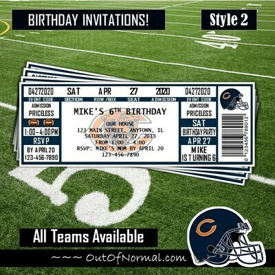 Chicago Bears NFL Football Birthday Invitation Ticket Style