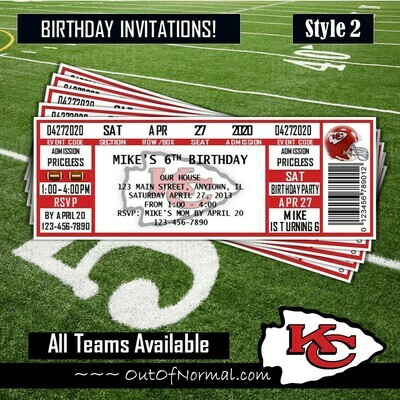 Kansas City KC Chiefs NFL Football Birthday Invitation Ticket Style