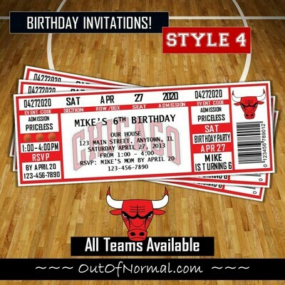 Chicago Bulls MJ NBA Basketball Birthday Invitation Ticket Style
