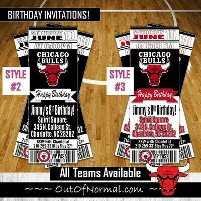 Chicago Bulls NBA Basketball Birthday Invitation Ticket Style