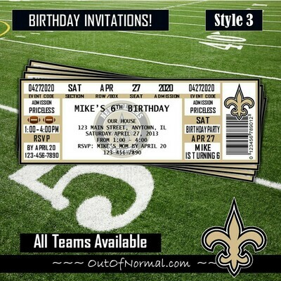 New Orleans Saints NOLA Vintage NFL Football Birthday Invitation Ticket Style