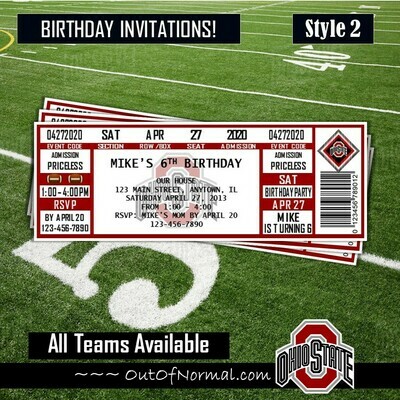 THE Ohio State University Buckeyes Vintage College Football Birthday Invitation Ticket Style