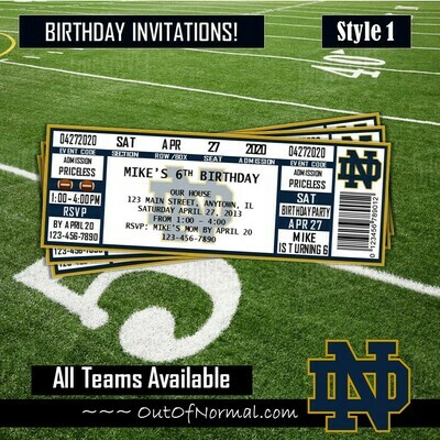 Notre Dame Fighting Irish Vintage College Football Birthday Invitation Ticket Style