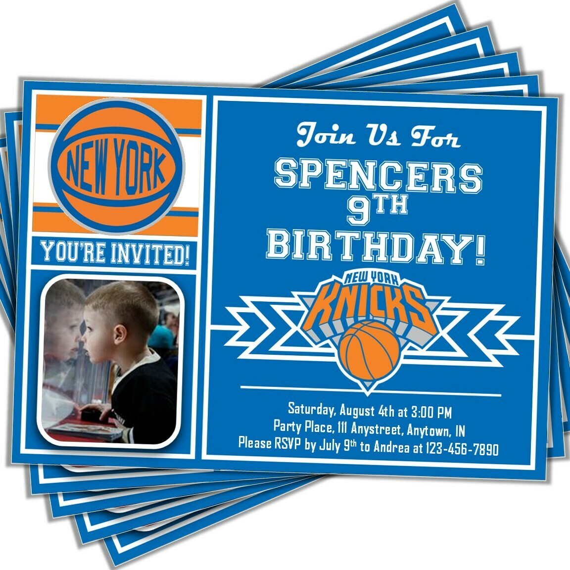 New York Knicks NBA Basketball Birthday Invitation 5&quot;x7&quot; with photo