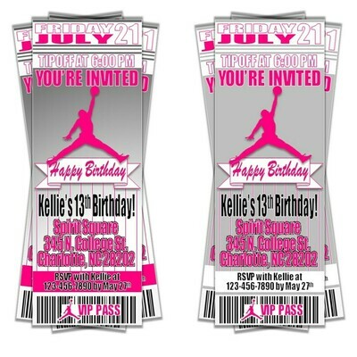 Jumpman PINK NBA Ticket Style Birthday Invitation -- MJ Michael Jordan Nike 23
