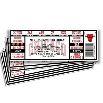 Chicago Bulls MJ NBA Basketball Birthday Invitation Ticket Style