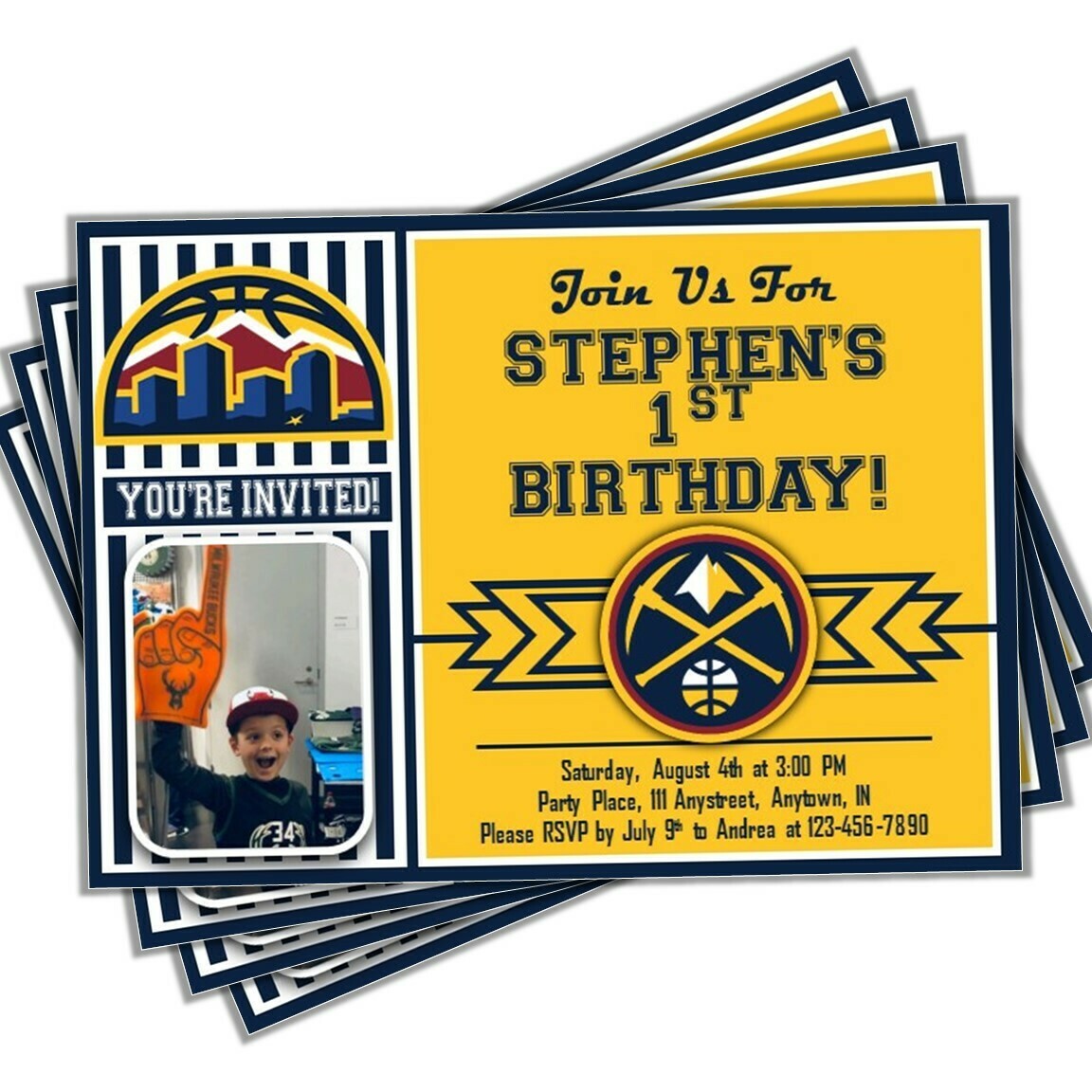 Denver Nuggets NBA Basketball Birthday Invitation 5x7