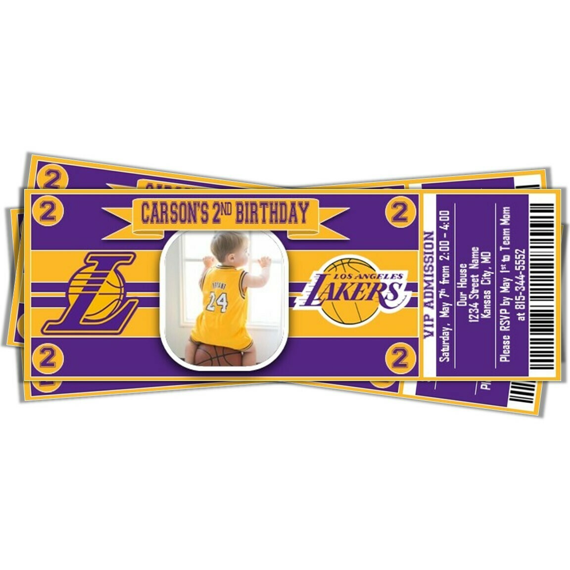 Los Angeles LA Lakers Photo NBA Basketball Birthday Invitation Ticket Style
