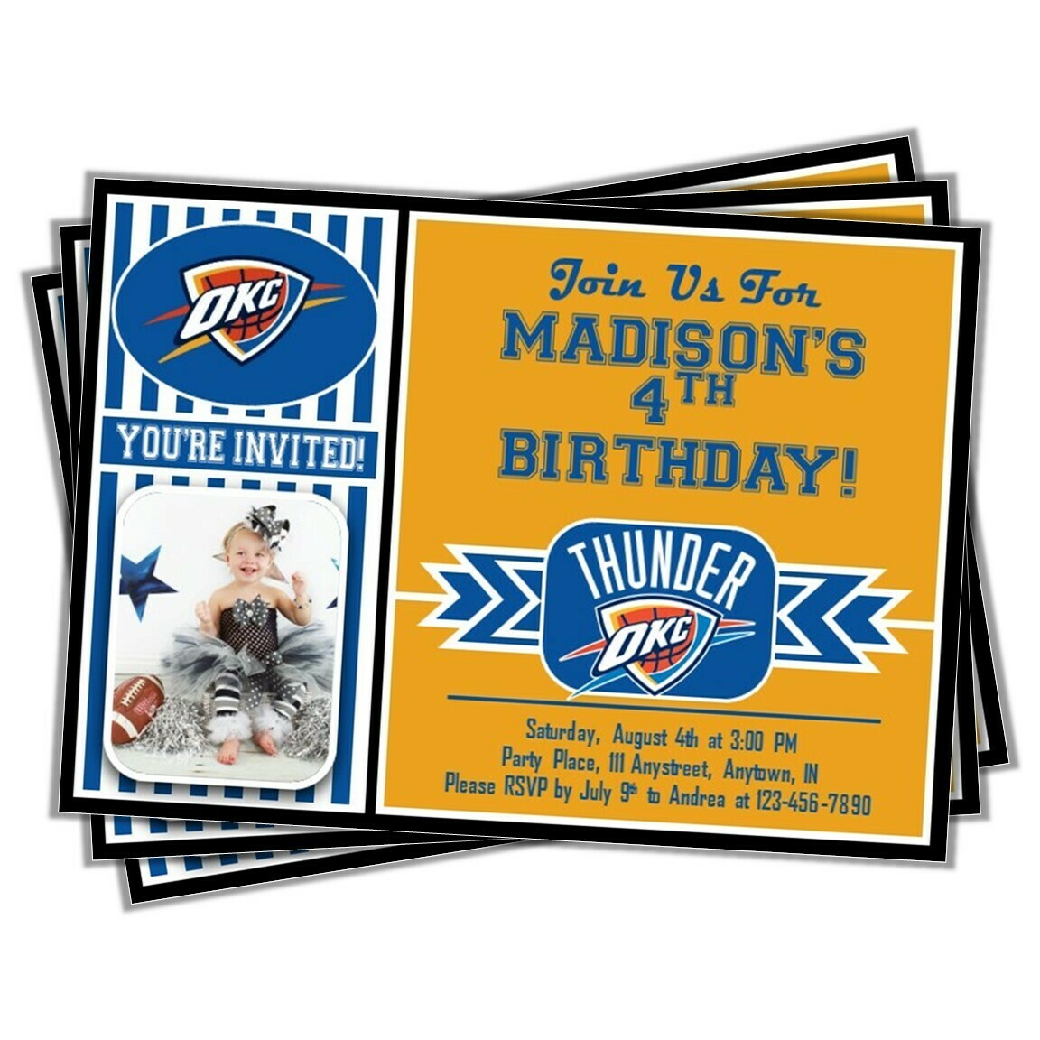 Oklahoma City Thunder NBA Basketball Birthday Invitation 5&quot;x7&quot; with photo