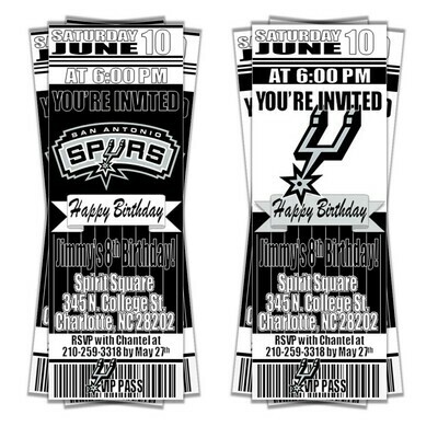 San Antonio Spurs NBA Basketball Birthday Invitation Ticket Style