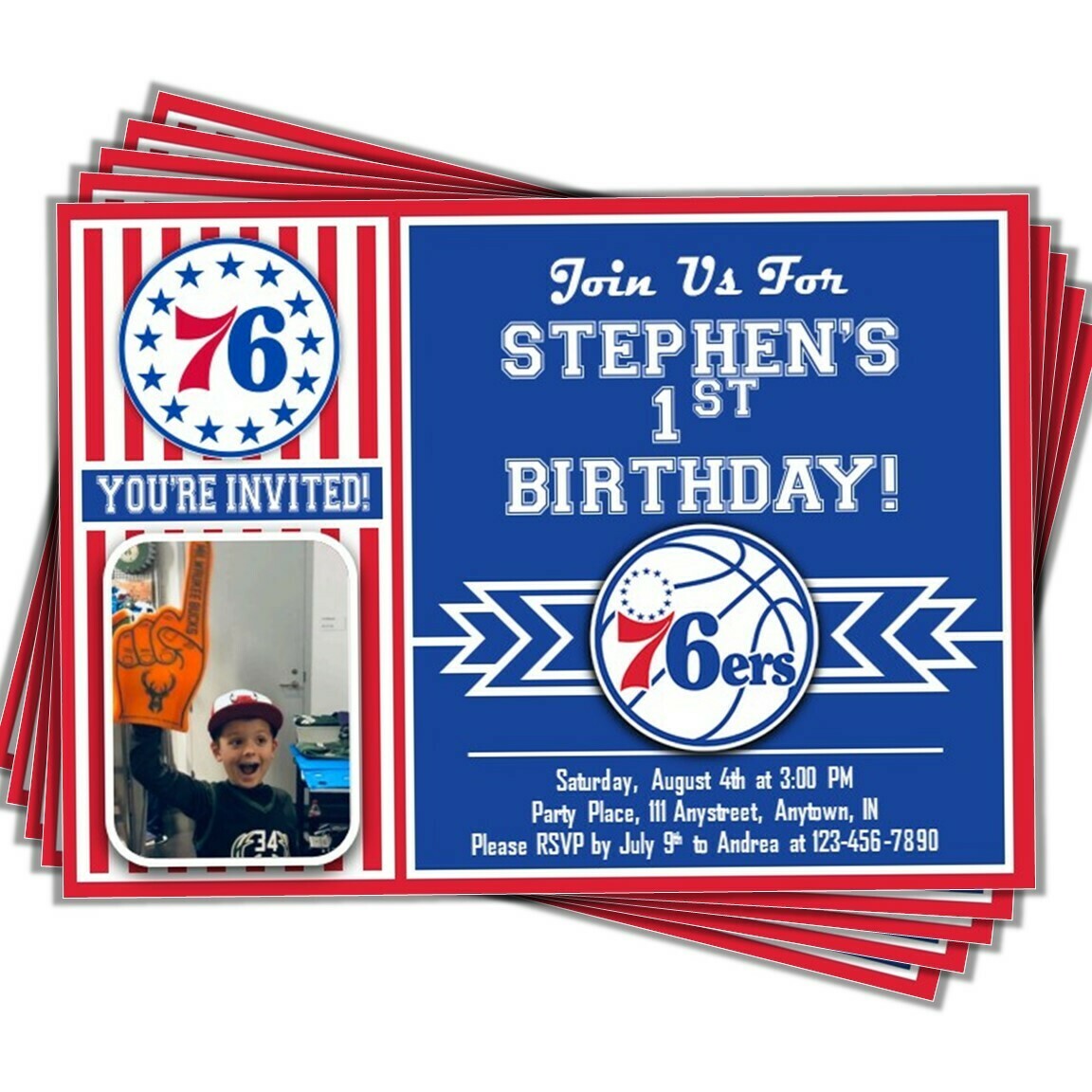 Philadelphia 76ers NBA Basketball Birthday Invitation 5x7