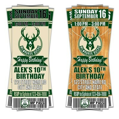 Milwaukee Bucks NBA Basketball Birthday Invitation Ticket Style
