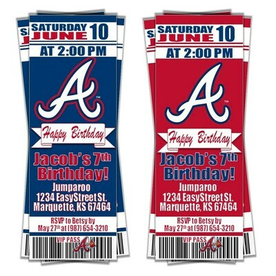 Atlanta Braves MLB Baseball Birthday Invitation Ticket Style