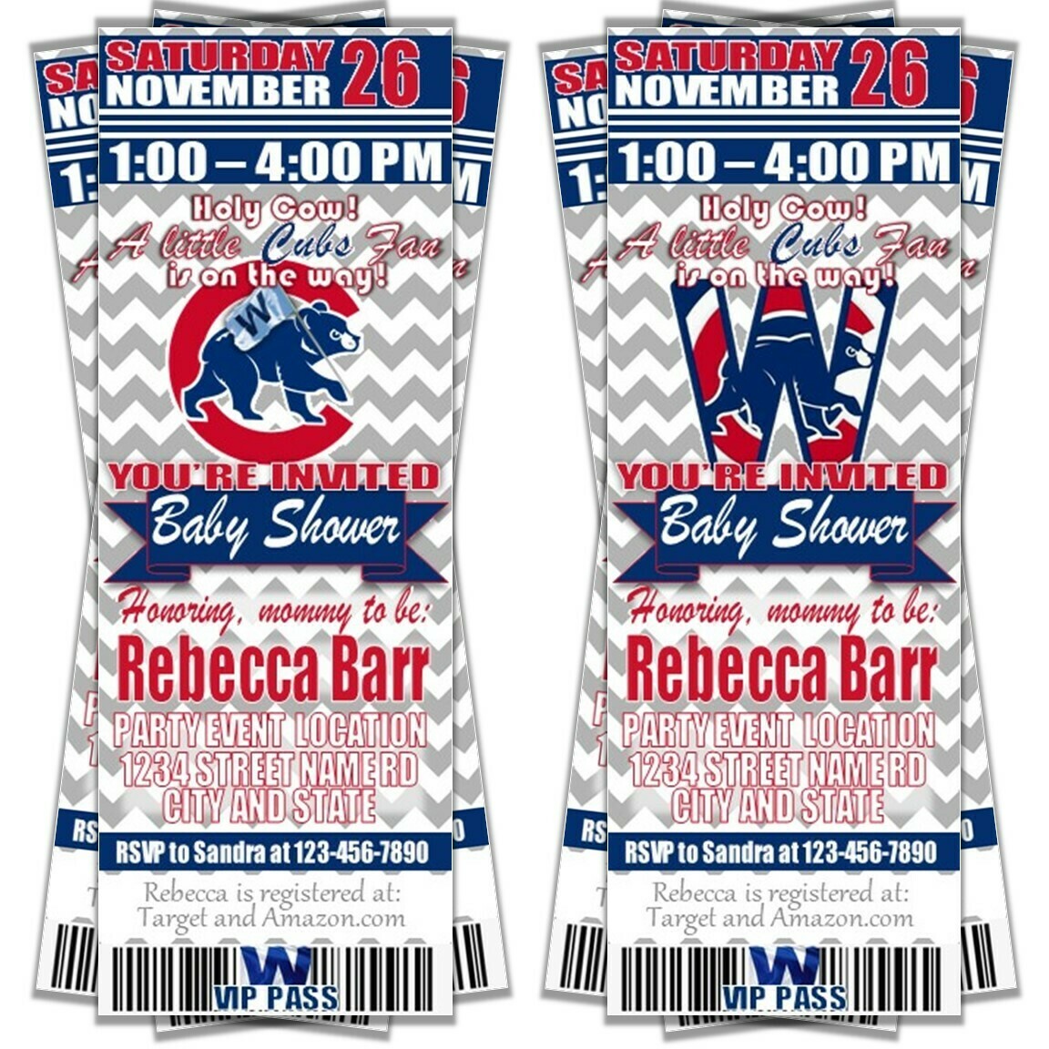 Chicago Cubs Baseball Baby Shower Invitation Ticket Style